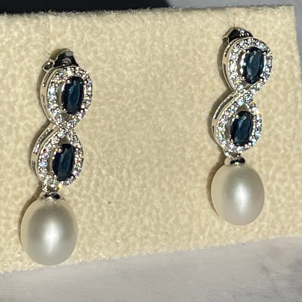 925S Blue Gemstones Stud Earrings With Cultured Freshwater Pearl and Zirconia - Picture 14 of 16